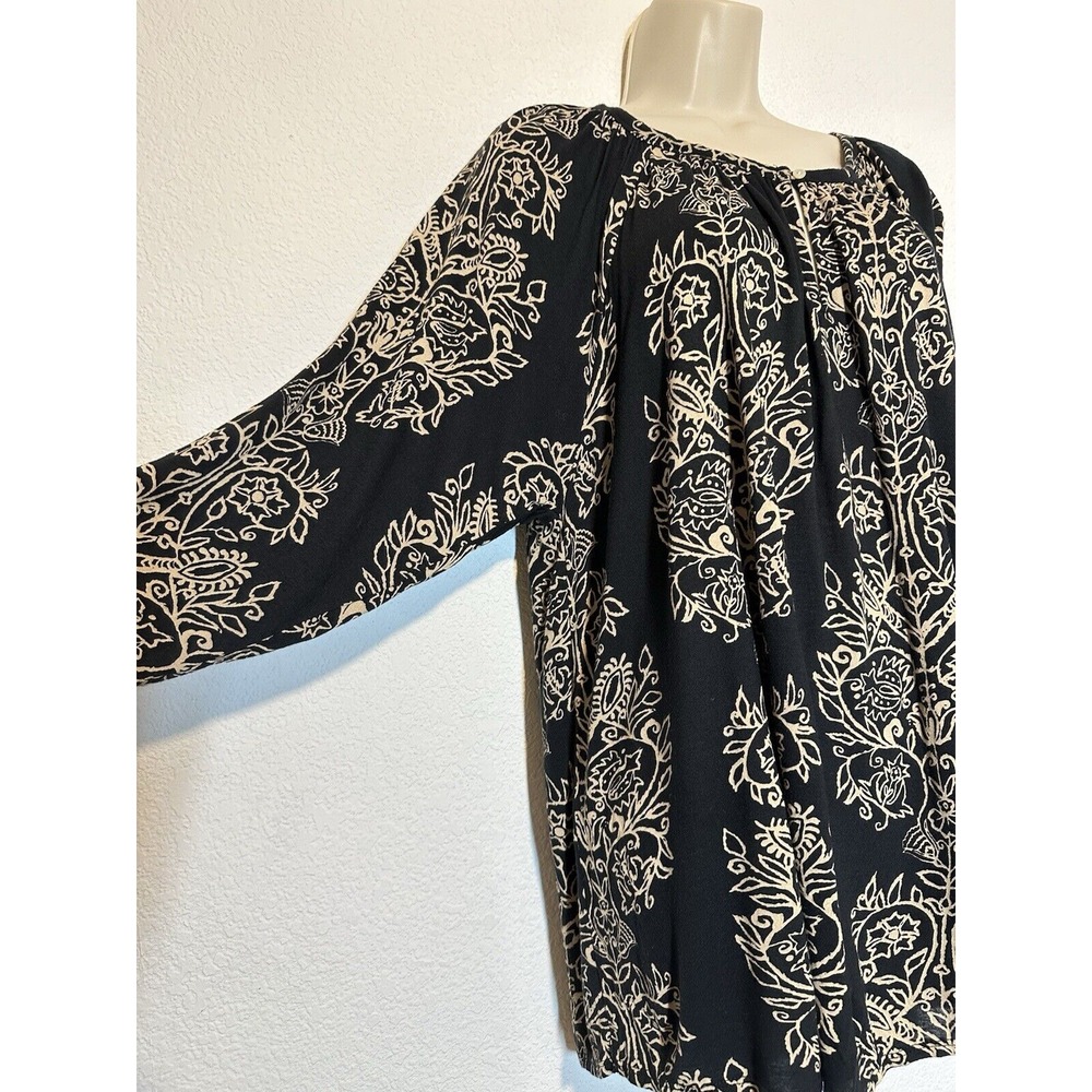 Lucky Brand Womens Black Tan Floral Peasant Blouse Sz 2X Round Neck Keyhole - Picture 3 of 9